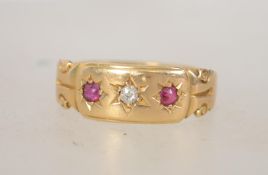 A hallmarked 18ct gold antique ruby and diamond ring. Hallmarked for Chester 1901. Size O. Weight