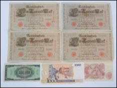 A collection of overseas banknotes to include 4 x 1000 Austrian / German Reichsbank notes, Bank of