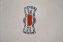 A silver and coral Art Deco style ring. Size Q.5. Weight 11.3g.