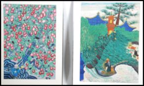 A pair of unusual contemporary Chinese prints - pictures each with colourful scenes and set within