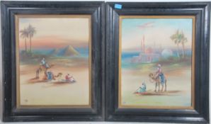 A pair of Arabic oil / goache paintings of camel a