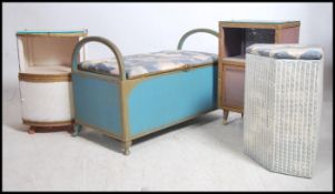 A collection of mid century Lloyd Loom style furniture to include a green and a blue matching