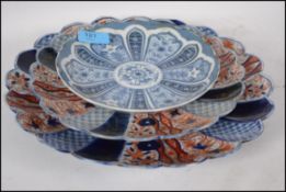 2 Chinese Imari pattern dishes in polychrome colours of red, blue and white having geometric