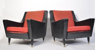 A pair of mid century retro two tone armchairs having black vinyl and red moquette fabrics to an