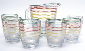 A 1930's - Mid century lemonade set of clear glass with multicoloured hand painted wavey / chevron