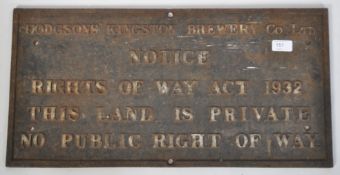 A rare early 20th century Industrial cast iron advertising / warning Sign for ' Hodgsons Kingston