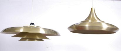 A matched pair of gilded polished metal ceiling lights of space age - UFO Panton era design. Both of