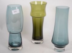 A collection of retro 20th century riihimaki studio art glass vases of differing form. The biggest