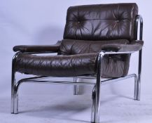 A pair of original 20th century / 1970's Pieff ' Alpha '  armchairs by Tim Bates. The large brown