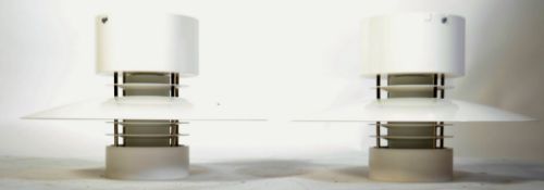 A pair of contemporary Industrial Glamox Luxo Aurora S ceiling lights of space age form being