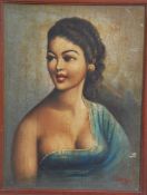 A 1950's retro print of a maiden likely of Malaysian origin bearing illegible signature to the