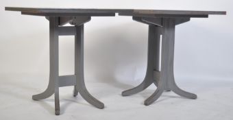 A pair of unusual Parker knoll teak wood pedestal cafe table / tables being upcycled with grey