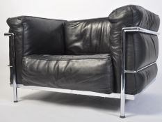 A good late 20th century large Le Corbusier LC2 moderrnist black leather club armchair having a good