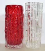 2 mid century studio art glass vases one possibly Whitefriars in red colourway together with another