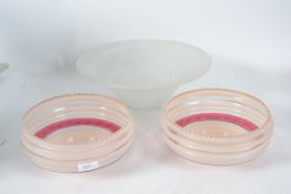 A pair of mid century coloured two tone glass ceiling shades together with a similar 1950's