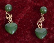 A pair of 9ct gold and jade Chinese drop earrings