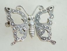 A sterling silver and marcasite butterfly brooch h