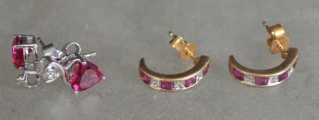2 pairs of 9ct gold, ruby and diamond ladies earri