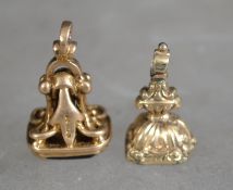 2 9ct gold intaglio seal pendants, each with inset