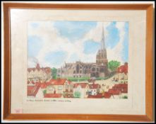 A framed and glazed painting of St Mary Radcliffe