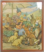 A retro mid 20th century print of pixies and fairi