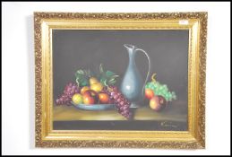 A still life oil on canvas painting of fruit in a