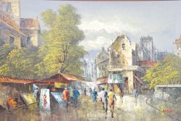 A framed oil on canvas panting of a Continental Pa