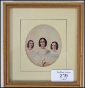 A believed 19th century miniature portrait study group of three girls. Unsigned framed and glazed.