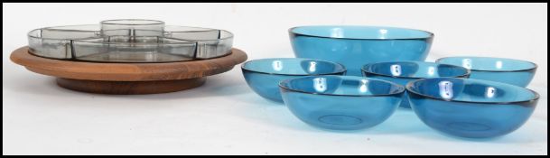 A retro blue glass dessert set together with a ret