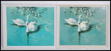After Vernon Ward. A pair of retro mid century framed prints of swans. Each with name to corner