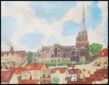 A framed and glazed painting of St Mary Radcliffe