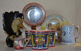 A collection of items to include three ceramic commemorative Elesham Jam pots in the form of the