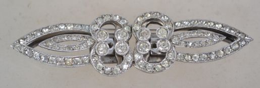 AN Art Deco silver Duette brooch / dress clips being rhodium plated sterling silver and rhinestones.
