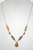 A sterling silver 925 cable link necklace chain with bolt ring clasp, having multicoloured amber