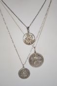 A group of three sterling silver 925 necklace chains each having St Christopher pendants. Total