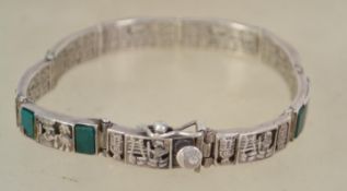 A fantastic sterling silver 925 oriental inspired panel bracelet, having jade and silver pictorial