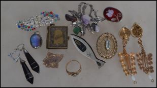 A collection of vintage costume and dress jewellery to include a pair of banded agate drop earrings,