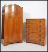 A 1930's Art Deco walnut 3 piece bedroom suite comprising the chest of drawers with matching