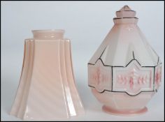 2 1930's Art Deco glass table lamp shades, each of bell form with decorative red and white ripple