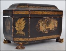 A 19th century Chinese export gilded and lacquered tea caddy of canted rectangular form, the