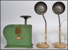 A retro mid century green set of grocers scales by Kitway together with a pair of 1970's beige
