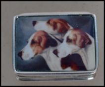 A 20th century / contemporary silver pill box with enamel pictorial of hounds /  hunting dogs
