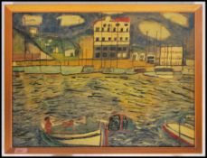 A framed retro 20th century 1960's naive abstract oil on board painting harbour scene study possibly