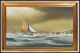 A 20th century famed oil on canvas painting of a coastal shipping scene on stormy waters signed to