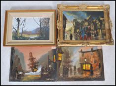 A collection of 4 vintage oil on canvas paintings to include a horse and carriage street scene