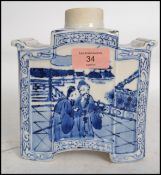 A 19th century Chinese blue and white tea caddy ( missing lid ) pagoda in shape decorated blue