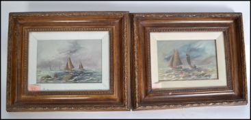 A pair of framed and glazed oil on board paintings of tall ships at full mast on open water housed