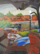 A retro 1970's watercolour painting of a car scrapyard by Simon Cumming being set with frame and