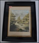 A framed and glazed 19th century painting of a river scene depicting trees and people set in an