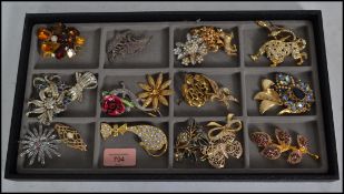 A good collection of decorative ladies costume jewellery brooches to include panther, dog, RAF, cat,